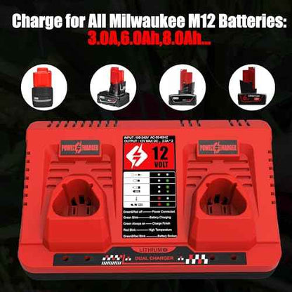 Powilling 12V 6500mAh Replacement for Milwaukee M12 Battery and Charger Kit for Milwaukee M 12 12Volt 48-11-2440 48-11-2411 48-11-2410 with 2-Port Dual 12V Charger