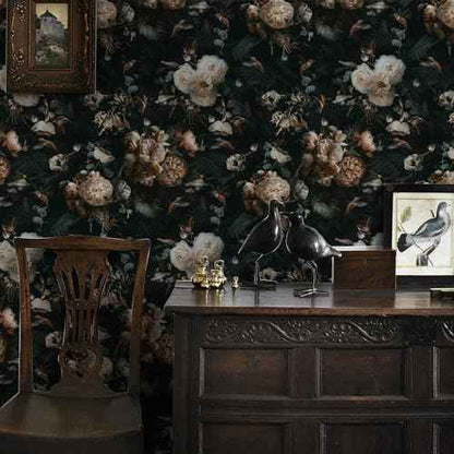 Floralplus Peel and Stick Wallpaper Removable Dark Floral Wallpaper 17.5 x 393 in Renter Friendly Wallpapers for Bedroom Accent Wall Black Floral Contact Paper Flower Wall Mural