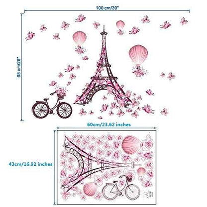 BIBITIME Romantic France Paris Eiffel Tower Wall Decals for Girls Room Flower Bike Butterflies Hot Air Balloon Vinyl Sticker Valentine's Day Wedding Couple Bedroom Home Art Mural DIY Peel and Stick
