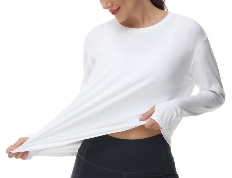 THE GYM PEOPLE Women's Long Sleeve Workout Shirts Back Loose Fit Running Tee Tops with Thumb Hole White