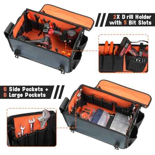 Heavy Duty Tool Bag with Wide Mouth, Full-Open Tool Bag, Tool Box Organizer Storage, Tool Tote with Adjustable Shoulder Strap, Portable, Waterproof, Multi-Pockets, Molded Base, Blue-grey