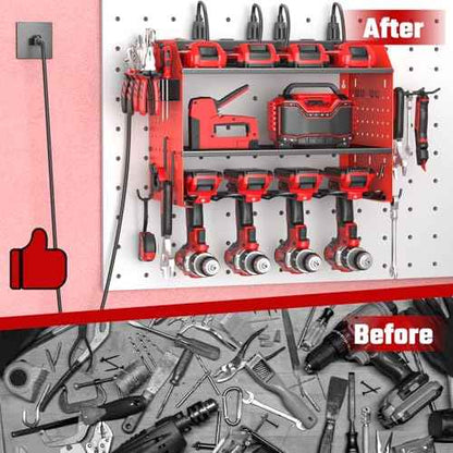 Power Tool Organizer with Charging Station, Heavy Duty 3 Layer Drill Holder Wall Mount Garage Shelf Rack with 6 Outlet Power Strip, Tool Shelf with Hooks, Drill Bit Rack for Garage, Red