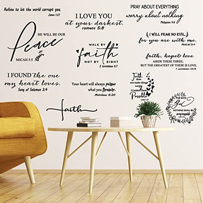 12 Styles Bible Verse Wall Decals Inspirational Decals Peel and Stick Vinyl Christian Stickers Prayer Wall Decor Butterfly Quotes Decor Art Sticker for Bedroom(Black)