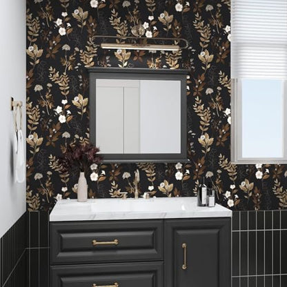 Black Floral Wallpaper Peel and Stick Gold Leaf Contact Paper Leaf Wallpaper Waterproof Self-Adhesive Wall Covering for Bedroom Countertop Desk Cabinets Decor 17.4" x 78"