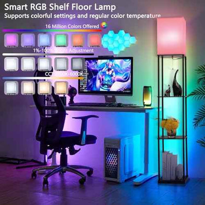 Floor Lamp with Shelves, with Modern Square Standing Lamp with Smart APP Control RGB Bulb, Corner Display Bookshelf Lamp for Living Room, Bedroom and Office (black-9RGB)