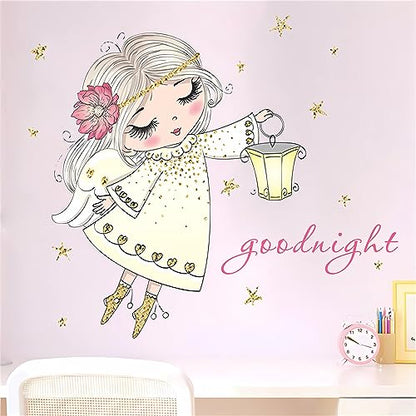 Cute Pink Little Angel Girl Wall Stickers, sacinora Cartoon Good Night Wall Decals Removable Vinyl Peel and Stick for Nursery Kids Baby Children's Room Living Room Bedroom Playroom Art Decorations