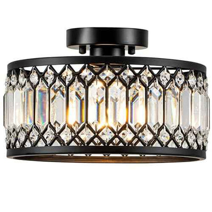Crystal Black Ceiling Light, Modern Semi Flush Mount Ceiling Light Fixture, Round Small Chandelier for Hallway Entryway Bathroom Bedroom Laundry Room, 1-Light, 11.4 Inch