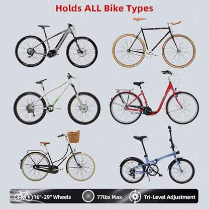 Swivel Bike Wall Mount with 120¡Æ Rotation No Heavy Lifting Garage Bike Rack Tri-Level Adjustment for 16"-29" Wheels Holds Road, MTB up to 77lbs Space Saving Foldable Design