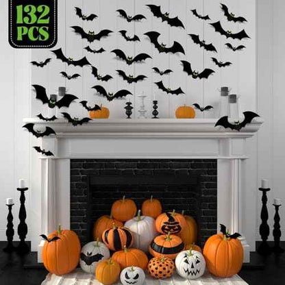 132 Pcs Halloween Bats Wall Decor With Glow in The Dark Eyes - Large 3D Bat Stickers and Decals for Indoor Party Decorations - PVC Black Bats