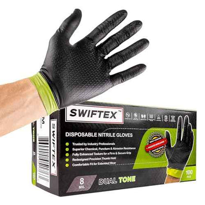 Heavy Duty Nitrile Gloves, Dual Tone, Black Green, ZIG Textured, Secure Grip,Latex Free,Powder Free, 8mil, Box of 100