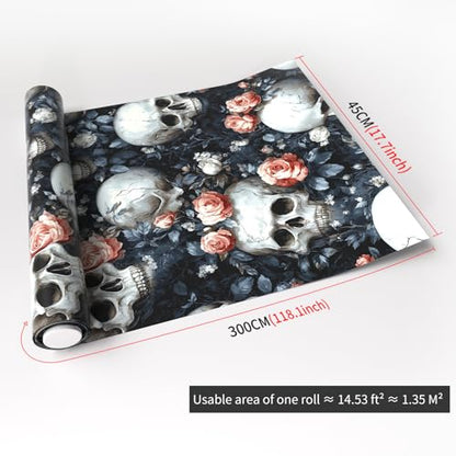 17.7"x118.1" Gothic Peel and Stick Floral Skull Wallpaper Sugar Skull Floral Vinyl Wallpaper for Bedroom Grey Black Pink Removable Accent Wall Decorations