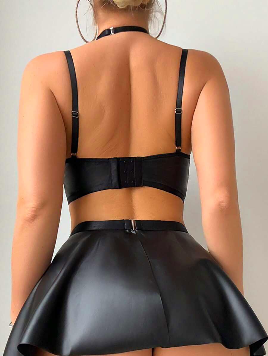 SwiiDuu Sexy Leather Underwire Choker Garter Lingerie Set Bra Skirt with Thigh Cuffs(Black Large)