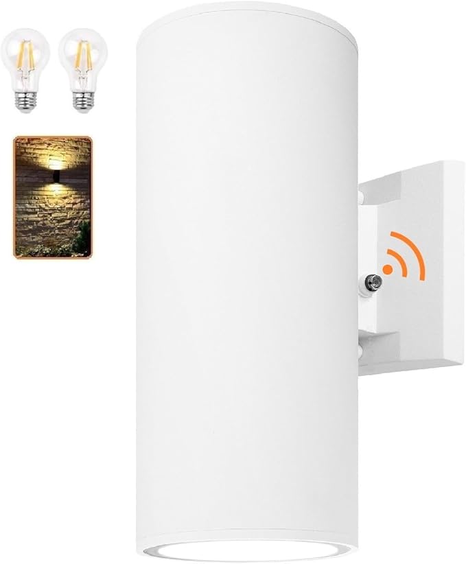 Outdoor Wall Sconce, Exterior Lighting with Dusk to Dawn Sensor - 2 Light Bulbs Included, Aluminum Waterproof Wall Mount Cylinder Design - Up Down Light Fixture for Porch, Garage and Patio