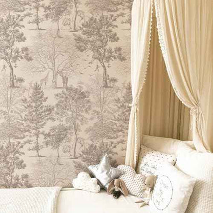 Woodland Wallpaper Peel and Stick- Vintage Beige Forest Tree Mural for Bedroom Living Room Removable Animals Contact Paper Self Adhesive Wallpaper (Cream, 17.3" X 78.74")