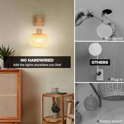 Battery Operated Wall Sconce with Remote Set of 2, Rechargeable Rattan Wall Sconces with 8000mAh Bulbs, Woven Bamboo Wall Light/Lamp Boho Wall Sconce for Bedroom