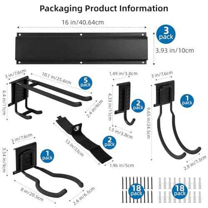 Sinoer Heavy Duty Steel Garage Wall Mount Garden Tool Organizer with 9 Adjustable Metal Hooks and 2 Straps, for Garden Tools, Chairs, Brooms, Mops, Rakes, Shovel