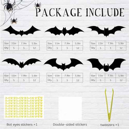 132 Pcs Halloween Bats Wall Decor With Glow in The Dark Eyes - Large 3D Bat Stickers and Decals for Indoor Party Decorations - PVC Black Bats