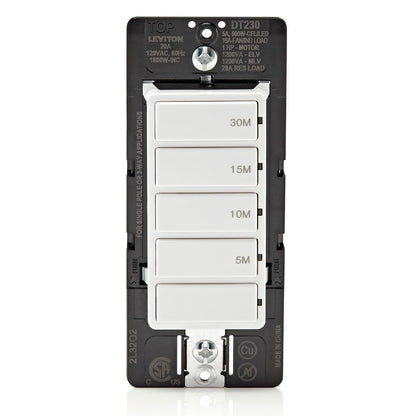 Leviton Countdown Timer Switch for bathroom fan and household lights, 5-10-15-30 min, No Neutral Required, Single Pole, 15A, 1/2 HP/9.8A Fan/Motor, DT130-1LW, White
