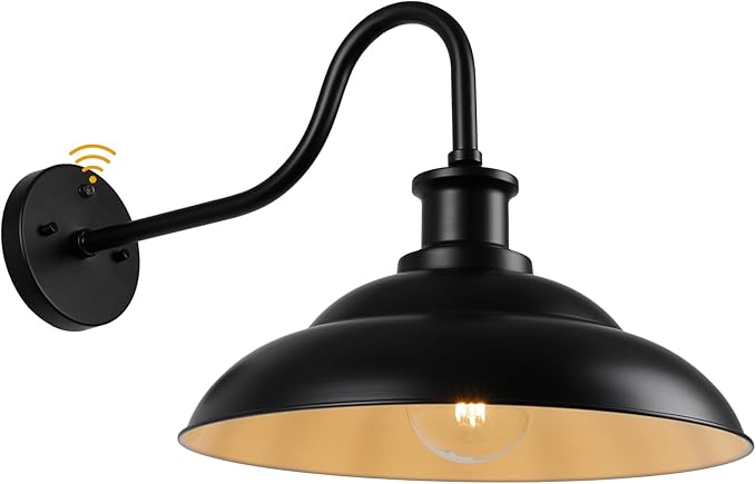 Dusk to Dawn Outdoor Gooseneck Barn Light Fixtures, 16 Inch Dome Large Wall Sconce Farmhouse Exterior Wall Mount Light for House Garage Patio Doorway