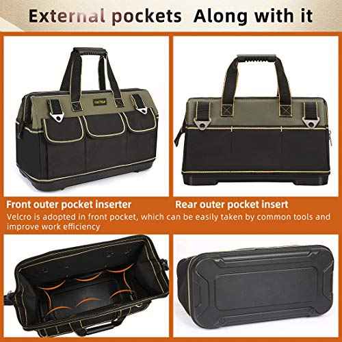 FASTECH 20-inch Wide Mouth Tool Bag with Water Proof Molded Base£¬Wide Mouth Tool Tote Bag,Waterproof Tool Organizer Bag for Men with Adjustable Shoulder Strap (20 inch)