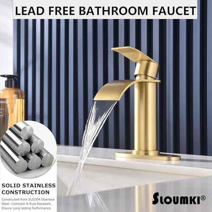 Brushed Gold Waterfall Bathroom Faucet Single Hole, Gold Bathroom Faucet for Sink 1 Hole with 6 in Deck Plate and Pop Up Drain and Supply Hose, Modern Bathroom Sink Faucet