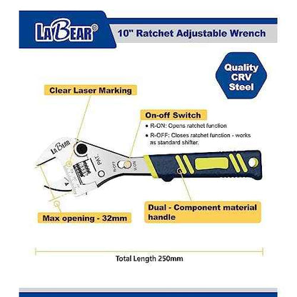LABEAR- 10 inch long x 1-1/4 inch(32mm) Adjustable Ratchet Wrench