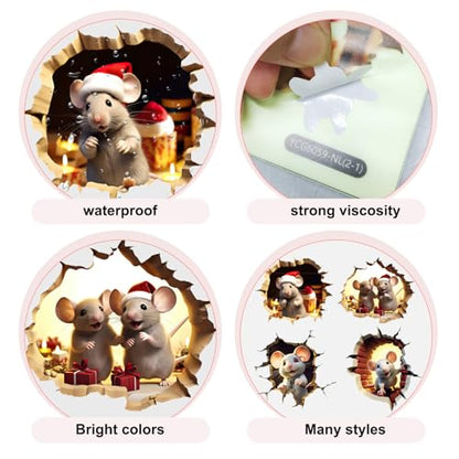 4 Pcs 3D Christmas Mouse Hole Wall Decal Glow in The Dark, Cute?Luminous Christmas Wall Decals, Peel and Stick Cracked Mouse Wall Stickers Fun Decal for Living Room, Bedroom, Bathroom (Style 2)