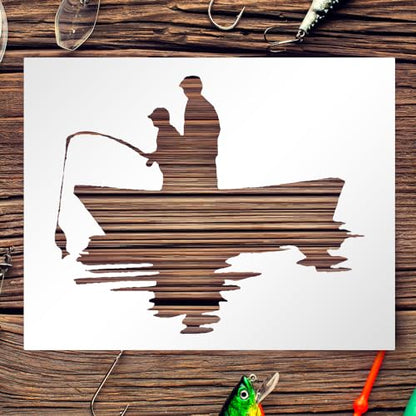 Father and Son Fishing in Boat Stencil 8.5x11 Inch Reusable Template for DIY Crafts Painting Walls Wood Glass and Scrapbooking
