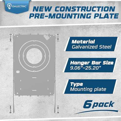 OHLECTRIC 6 Pack ? New Construction Mounting Plate ? Muti-Size 3/4/6 Inch ? Easy Cutout Adjustable Hole Size & Bars - Made of Galvanized Steel Recessed LED Rough in Plate/Bracket