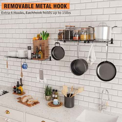 2 Pack Foldable Wall Shelf, Wall Mounted Garage Storage Shelves, Heavy Duty Wall Shelving Supports Up To 90 LBS. Floating Shelves With 4 Hooks Metal Storage Rack for Office, Kitchen and Laundry Room