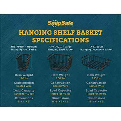 SnapSafe Hanging Shelf Document Basket, 76012 - Coated Wire Basket Maximizes Storage for Documents, Gun Accessories, & Ammo - Easy Access Under Shelf Storage for Gun Safes - Holds Up to 40 Pounds