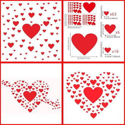 Heart Shaped Wall Decals 97Red Love Stickers-4Sheet Art Decor Window Cling Removable Murals for Kid's Room Living Room Bedroom Wedding Party Valentine's Day Decoration