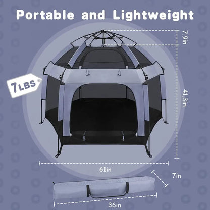 UJUJIA Baby Play Yard Outdoor Baby Playpen with Canopy Beach Tent for Kids and Toddlers Portable Lightweight Pop Up Pack and Play Playards with Travel Bag,61"*61"*49.2" Grey