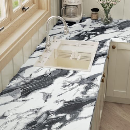 VaryPaper Modern Black and White Marble Contact Paper Kitchen Countertop Peel and Stick Marble Wallpaper for Bathroom Waterproof Self Adhesive Removable Granite Vinyl Wrap for Table Desk 15.7''x78.7''