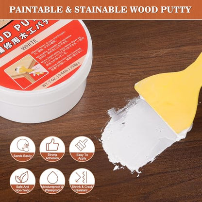 Wood Filler Putty, White Wood Putty Filler Paintable, Stainable, Sandable, 7 Ounce Furniture Repair Kit, Quickly Repair Holes, Cracks, Chips and Scorched Areas of Wooden Furniture Floor,Easy to Use