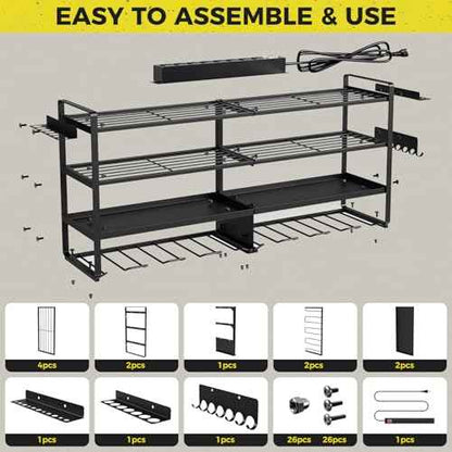 1 Pack Power Tool Organizer Wall Mount with 8 Outlet Power Strip, 4-layer Heavy-duty Metal Tool Storage Rack, Maximum Load of 400lbs, Garage Organization with 4 Racks and 8 Cordless Drills
