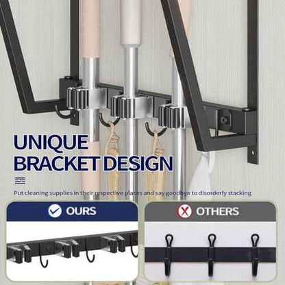 Wall-mounted broom and mop storage rack, equipped with mop, broom hanger and grab hooks for cleaning supplies, suitable for kitchens, laundry rooms, garages, utility rooms, closets, etc.