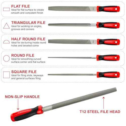 MAXPOWER 10-inch Metal File Set, 5 Pieces Hand Files Including Flat, Round, Half-Round, Triangle and Square, Soft Grip Handle, File Set for Wood, Metal Work and DIY