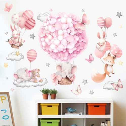 Animals Hot Air Balloon Wall Stickers - Elephant Bear Fox Wall Decals - Girls Bedroom Baby Nursery Kids Room Wall Decor