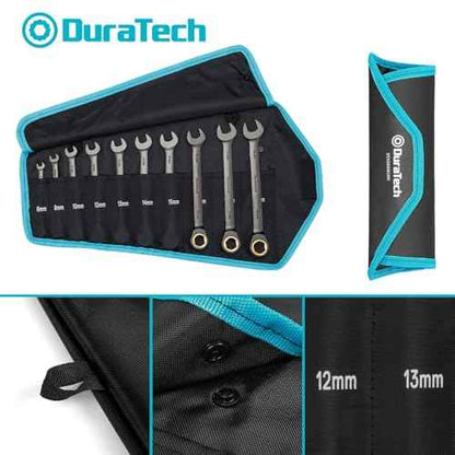 DURATECH Anti-Slip Ratcheting Wrench Set, Combination Wrench Set, 10-Piece, Metric 6-18mm, 72-Tooth, Nickel Plating, CR-V Steel, with Pouch