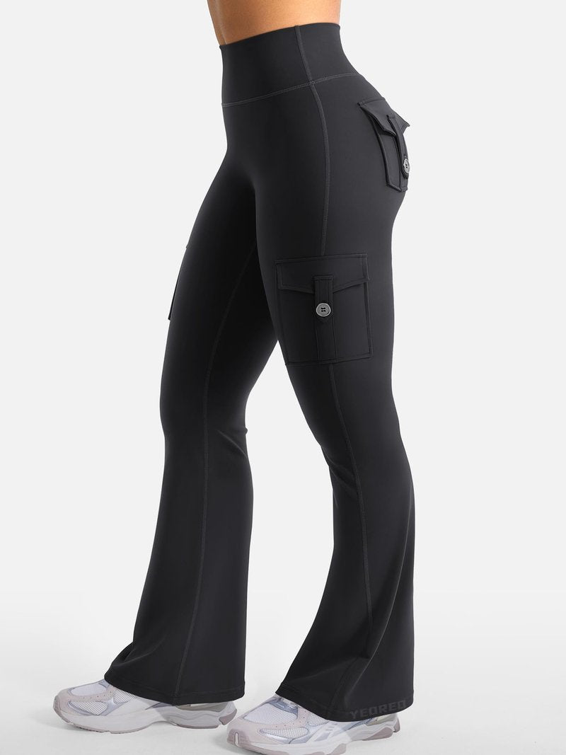 YEOREO CoreFlex Women Workout Flare Leggings with Pockets Hidden Scrunch High Waisted Cargo Gym Yoga No Front Seam Leggings Black M