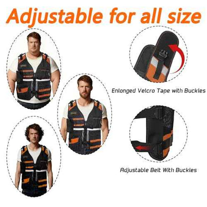 Electrician Tool Vest for Men, Reflective Safety Work Vest with Adjustable Thick Straps, Removable Phone Holder for Electrical, Carpenters, Construction, 22 Pockets