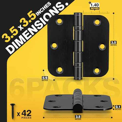 KOLET Ball Bearing Door Hinges, 3.5 Inches Black Door Hinges, 5/8'' Radius Corner Heavy Duty Stainless Steel Hinges, Smooth and Quiet, Non Removable Pin, Matte Black, 6 Pack