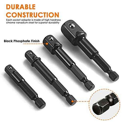 THINKWORK Impact Socket Adapter Set, 1/4" 3/8" 1/2" Drill Socket Adapter Set with 1/4" Hex Shank for Impact Power Driver, Cordless Drill & Screwdriver