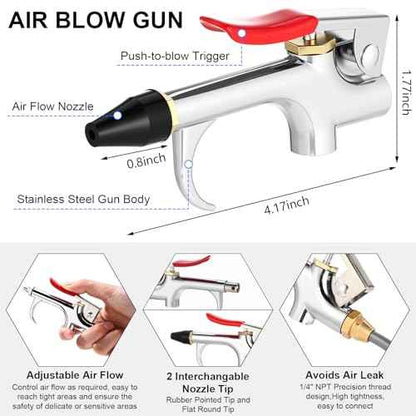 4 Set Heavy Duty Truck Air Seat Blow Gun Air Duster Blow Gun with 2 Interchangeable Nozzle Tips 1/4 Inch NPT X 11.5 Feet Nylon Hose Dust Cleaner for Truck Cab(Conventional)