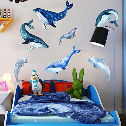 Giant 5 Sets Blue Whale Wall Decals and 2 Sets Jumping Blue Dolphin Wall Stickers Peel and Stick Wallpaper Wall Art Mural Decor for Kids Teens Bedroom Home Office Dorm Party Nursery