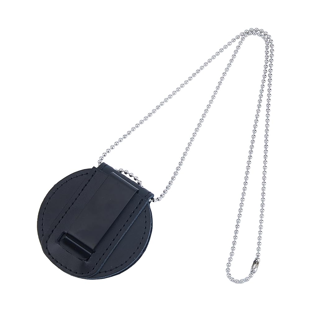 Hobbspring Police Badge Holder Flat Round Security Badge Holder Leather Universal Badge Holders with Belt Clip and Iron Chain Leather for Law Enforcement Officer