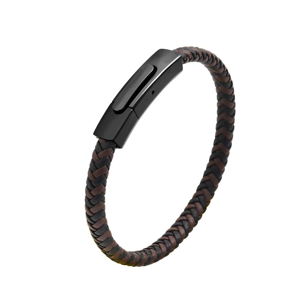 Geoffrey Beene Men's Braided Genuine Leather Fashion Bangle Bracelet with Stainless Steel Clasp (Brown)