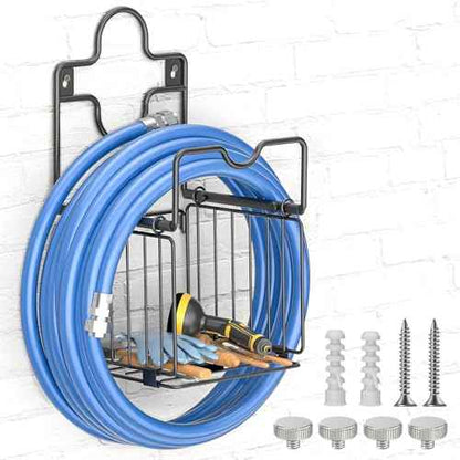 Garden Hose Holders for Outside Metal Water Hose Holder Wall Mount Hose Hanger with Storage Basket Heavy Duty Waterhose Holder for Outside Hose Rack Outdoor Hose Caddy Hook for Garden Organizer Black