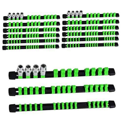 Socket Organizer Set 15PCS ABS Socket Holder Kit, 1/4-Inch x 80 Clips, 3/8-Inch x 75 Clips, 1/2-Inch x 60 Clips Socket Set Organizer, Drive Socket Tray, Socket Holders Clip Socket Rail, Green